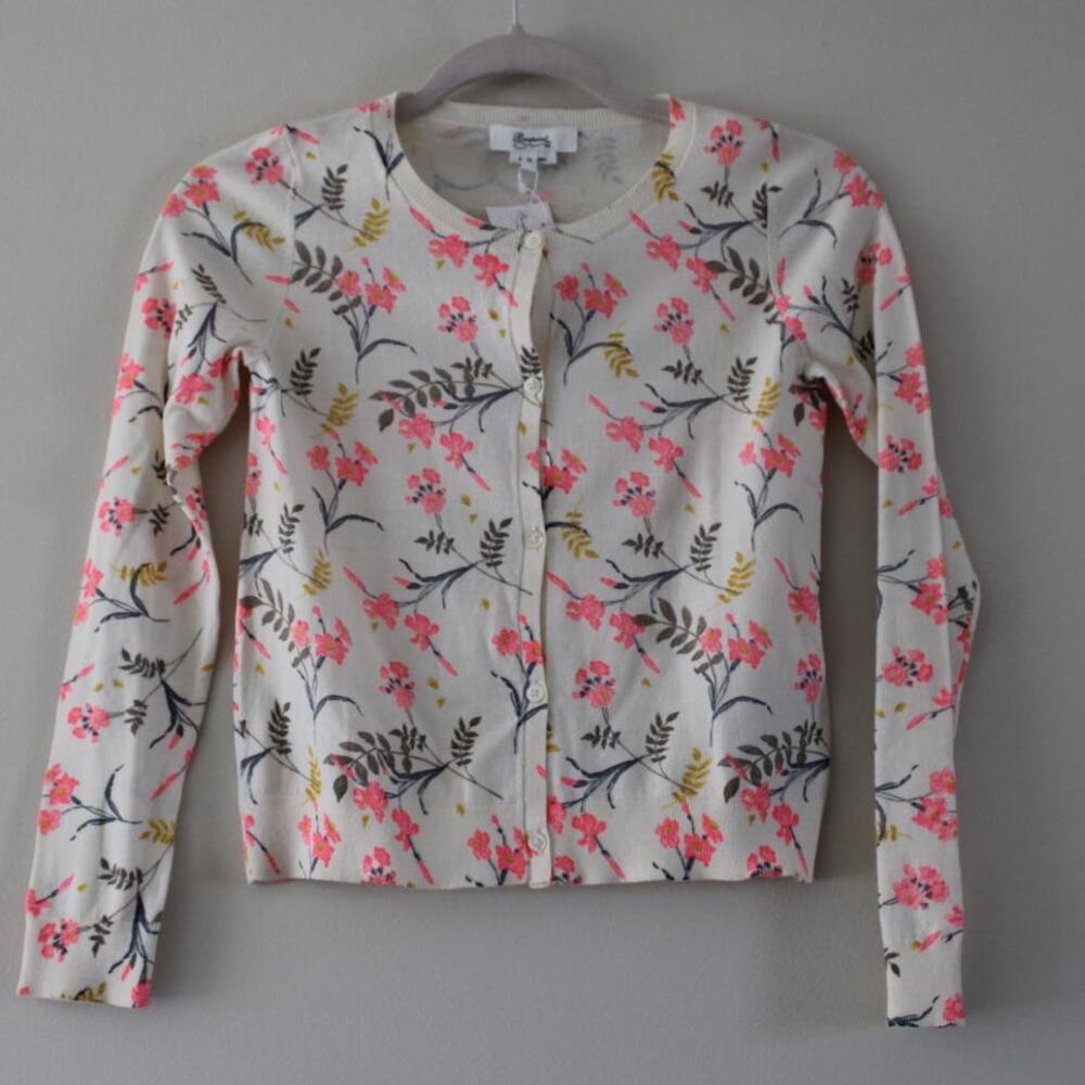 NWT‎ Bonpoint Girl's Button Front Cardigan Neon Pink Floral Print Sweater 12